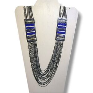 Silver Blue Beaded Multi Chain Statement Necklace Layered Long Boho 30"